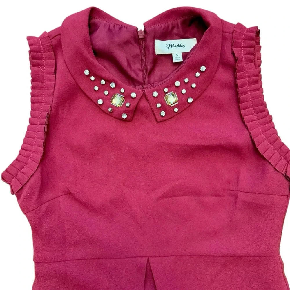 Maddie Juniors Size 5 Sleeveless Dress Burgundy Jeweled Collar A-Line New - Picture 3 of 11